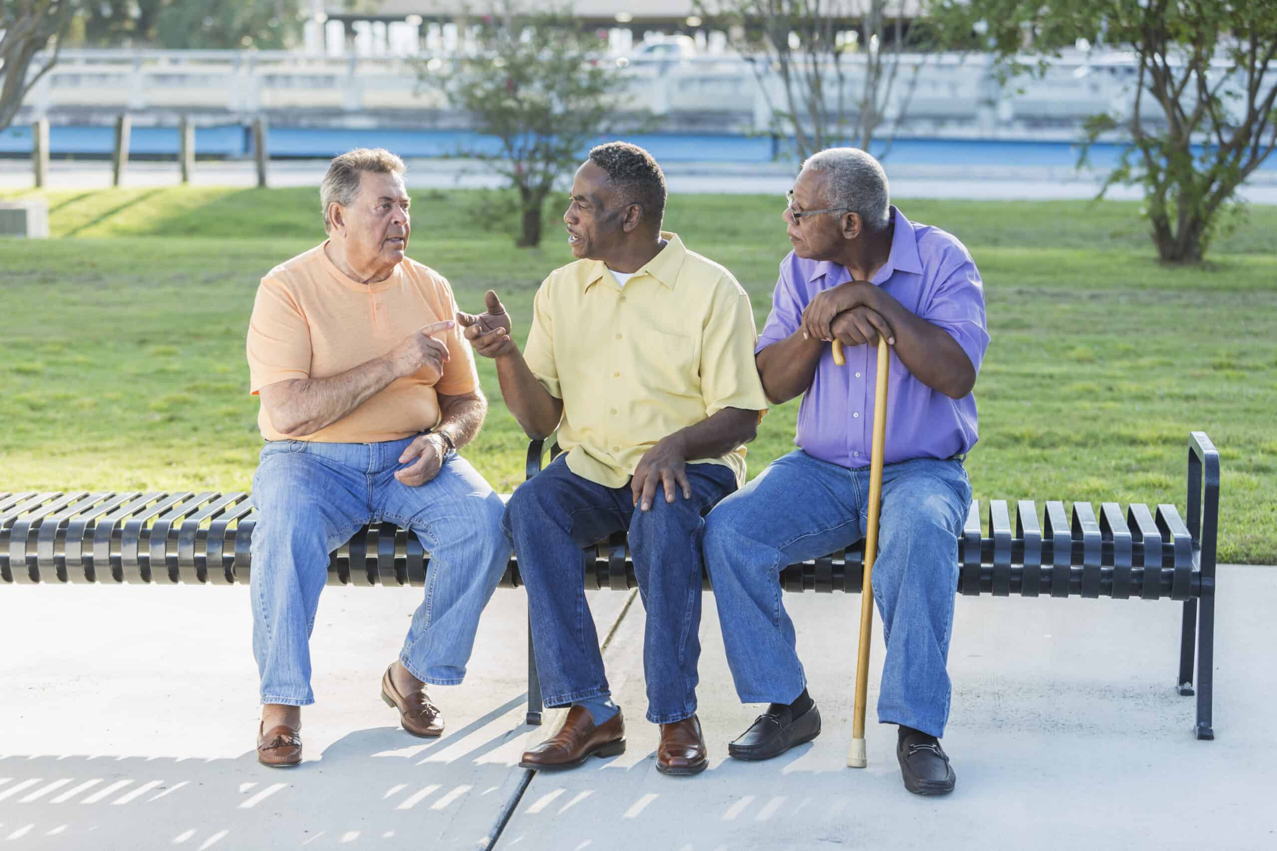 A group of three multi-ethnic senior men sitting on a park bench, talking. Two African American men in their 60s are looking at their Caucasian 80 year old friend.